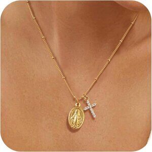 Virgin Mary Cross Necklace Gold Plated Faith Jewelry Catholic Gift for Her